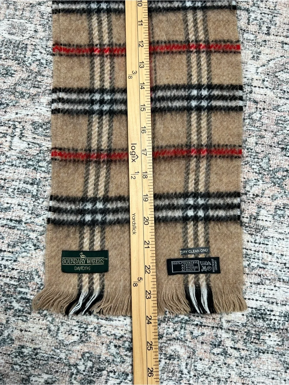 Vintage Boundary Waters Dayton’s Men’s Camel Tartan Plaid Fringe Scarf Short